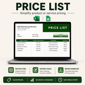 Könnte beinhalten: Ein Laptop-Bildschirm zeigt eine digitale Preislistenvorlage für ABC Electrical and Services. Das Dokument enthält Spalten für Produkt oder Dienstleistung, Code, Beschreibung und Einzelpreis in USD. Symbole für Excel und Google Sheets sind zu sehen.