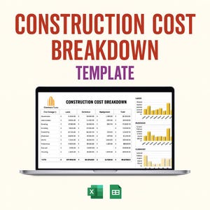 May include: A laptop displays a construction cost breakdown template. The screen shows a table with cost categories, labor, and other financial data. The words "CONSTRUCTION COST BREAKDOWN TEMPLATE" are at the top in red and purple.