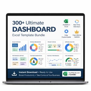 Peut inclure: Un &eacute;cran d'ordinateur portable affichant un pack de mod&egrave;les Excel 300+ Ultimate Dashboard. L'interface pr&eacute;sente divers graphiques de visualisation de donn&eacute;es, notamment des diagrammes circulaires, des histogrammes et des indicateurs de performance.