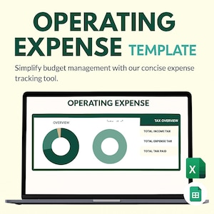Puede incluir: Un portátil que muestra una plantilla de "GASTOS OPERATIVOS" con gráficos circulares y una descripción general de impuestos. El texto dice: "Simplifique la gestión presupuestaria con nuestra herramienta de seguimiento de gastos".