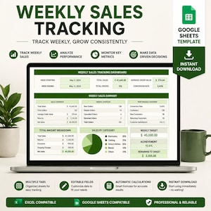 May include: A digital weekly sales tracking dashboard displayed on a laptop screen. The interface features tables for sales, orders, and performance metrics, including a pie chart for sales by category and a weekly target progress bar in shades of green.