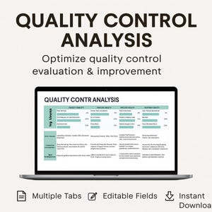 Könnte beinhalten: Ein Laptop mit einer "QUALITY CONTR ANALYSIS" Tabelle. Der Bildschirm zeigt Datentabellen mit Überschriften wie "Product Quality" und "Precise Quality". Der Text "Quality Control Analysis" und "Optimize quality control evaluation & improvement" ist ebenfalls sichtbar.