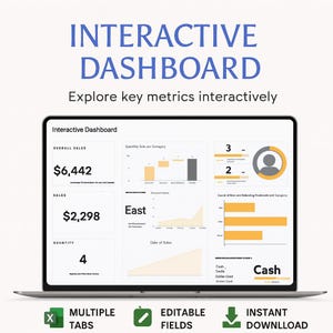Könnte beinhalten: Ein Laptop, der ein interaktives Dashboard mit Datenvisualisierungen anzeigt. Der Bildschirm zeigt Verkaufszahlen, Diagramme und den Text "INTERACTIVE DASHBOARD". Zusätzlicher Text umfasst "MULTIPLE TABS", "EDITABLE FIELDS" und "INSTANT DOWNLOAD".