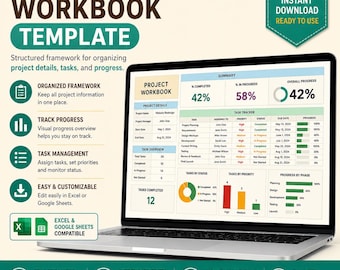 May include: A digital project workbook template displayed on a laptop screen, featuring a dashboard with task trackers, progress charts, and summary metrics. The interface includes sections for project details, task status, and priority levels in Excel and Google Sheets.