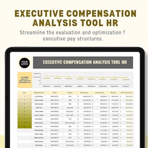 May include: A digital tablet displays an "EXECUTIVE COMPENSATION ANALYSIS TOOL HR" interface. The screen shows a spreadsheet with financial data, charts, and the text "Streamline the evaluation and optimization of executive pay structures."