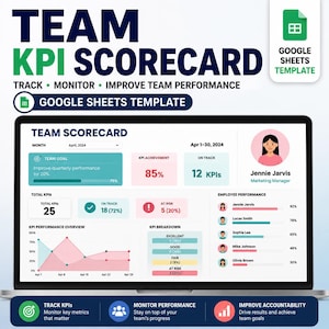 May include: A digital Team KPI Scorecard Google Sheets template displayed on a laptop screen. The dashboard features data visualizations, including a line graph, progress bars, and employee performance metrics for April 2024, with text labels.