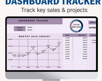 Peut inclure: Un écran d'ordinateur affichant un tableau de bord de suivi des ventes. L'écran montre un graphique linéaire, des tableaux et du texte, dont "Dashboard Tracker" et "Track key sales & projects". Comprend plusieurs onglets, des champs modifiables et un téléchargement instantané.