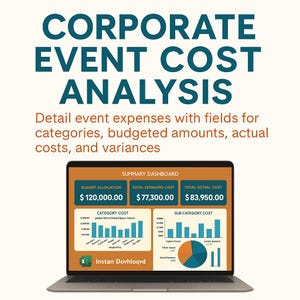 Può includere: Un laptop con una dashboard "Corporate Event Cost Analysis". Lo schermo mostra l'allocazione del budget, i costi stimati e i costi effettivi, insieme alle ripartizioni dei costi per categoria e sottocategoria. Il testo include "Detail event expenses".