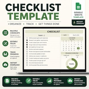 Pode incluir: Um modelo de lista de verificação digital para Google Sheets exibido na tela de um laptop. A interface apresenta uma lista de tarefas, um calendário de maio de 2024 e uma visão geral do progresso com um gráfico de 70%. O texto inclui CHECKLIST TEMPLATE, ORGANIZE, TRACK, GET THINGS DONE e Google Sheets Template.