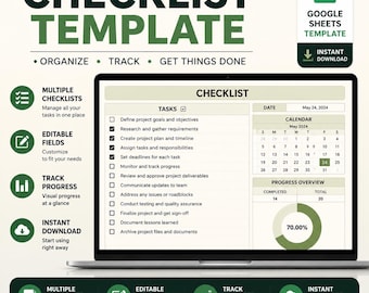 Checklist Template | To Do List Tracker | Productivity Planner Google Sheets & Excel | Editable Task Management Spreadsheet