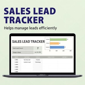 May include: A laptop screen shows a "SALES LEAD TRACKER" interface, with data visualizations and a table. The screen displays a total lead count of 7, with a date of Jan 20, 2024. The text "Helps manage leads efficiently" is above the laptop.