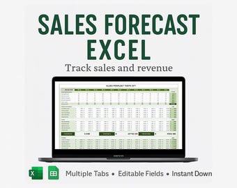 Modello di previsione delle vendite - Excel - Strumento di proiezione dei ricavi di Google Sheets, dashboard di confronto tra previsioni e dati effettivi, pianificatore mensile e trimestrale