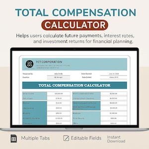 Può includere: Uno schermo di un laptop mostra un "CALCOLATORE DI COMPENSAZIONE TOTALE" con dati finanziari. Il calcolatore aiuta gli utenti a stimare i pagamenti futuri e i rendimenti degli investimenti. Lo schermo mostra una tabella con reddito, assicurazioni e altri dettagli finanziari.