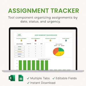 Può includere: Uno schermo di un laptop mostra una dashboard "ASSIGNMENT TRACKER". Lo schermo mostra visualizzazioni di dati, tra cui grafici a barre e un grafico a torta. Il testo include "Multiple Tabs", "Editable Fields" e "Instant Download".
