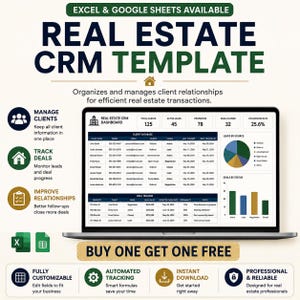 Pode incluir: Um modelo digital de CRM imobiliário exibido na tela de um laptop, com painel de controle, bancos de dados de clientes, rastreadores de negócios, gráficos de pizza e de barras. O texto inclui 'REAL ESTATE CRM TEMPLATE', 'EXCEL & GOOGLE SHEETS AVAILABLE' e 'BUY ONE GET ONE FREE'.