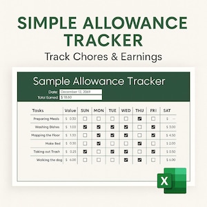 Puede incluir: Un rastreador de asignaciones digital con el texto "SIMPLE ALLOWANCE TRACKER" y "Track Chores & Earnings". El rastreador incluye una tabla para registrar tareas, valores y ganancias diarias, con un total ganado de 18,60 €.