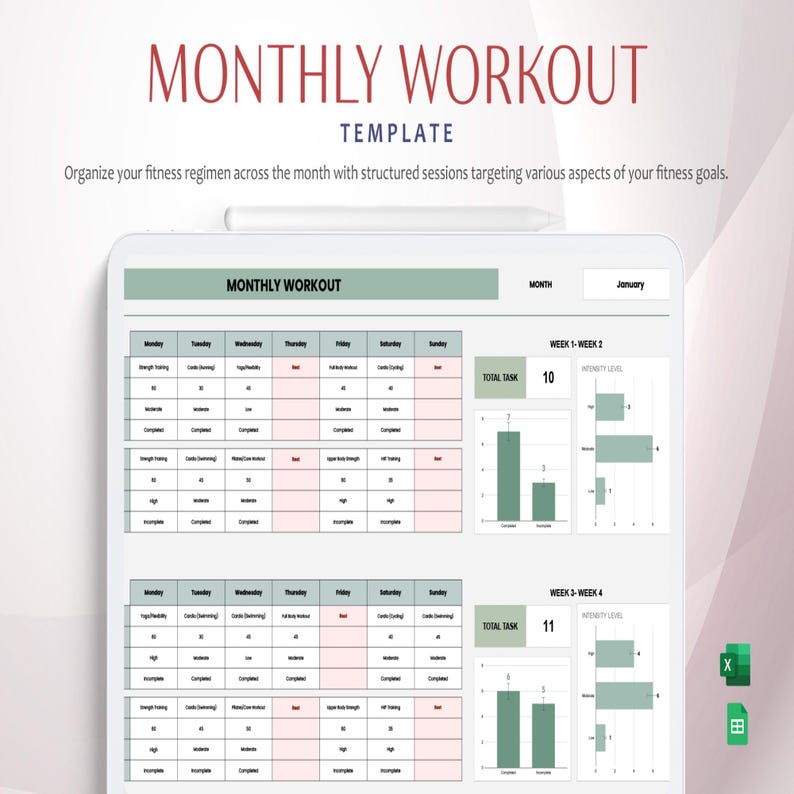 Monthly Workout Template Excel Google Sheets | Fitness Planner ...