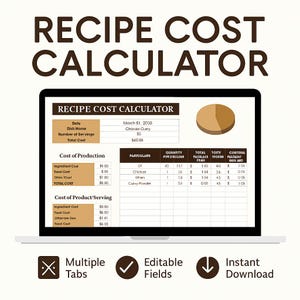 Advanced Recipe Cost Calculator Spreadsheet – Food Pricing Excel and Google Sheets Template for Ingredient Costing & Profit Margin