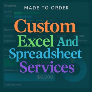 May include: A digital graphic featuring the text MADE TO ORDER at the top, followed by the words Custom Excel And Spreadsheet Services in large, multi-colored lettering against a dark teal background with faint financial chart elements.