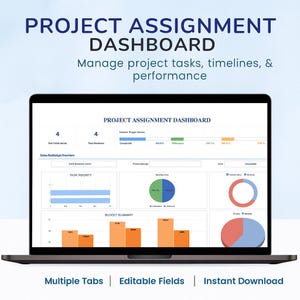 Könnte beinhalten: Ein Laptop zeigt ein Projektzuordnungs-Dashboard mit Diagrammen und Grafiken. Der Bildschirm zeigt Datenvisualisierungen für Aufgabenpriorität, Budgetzusammenfassung und Projektfortschritt. Text unten: Multiple Tabs | Editable Fields | Instant Download.