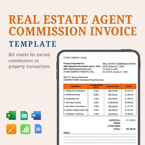 Puede incluir: Una plantilla digital de factura de comisión de agente inmobiliario que se muestra en un teléfono inteligente. La factura incluye campos para detalles de la propiedad, tasas de comisión, precios de venta y totales. La plantilla está diseñada para facturar comisiones ganadas.