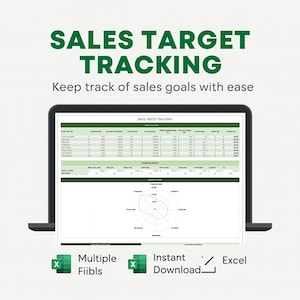 Puede incluir: Un portátil muestra una hoja de cálculo de seguimiento de objetivos de ventas con un diagrama de radar. La pantalla muestra el texto "SALES TARGET TRACKING" y "Keep track of sales goals with ease". También son visibles los iconos de Excel y descarga instantánea.