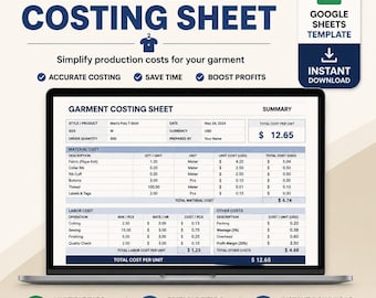 Vorlage für eine Kostenaufstellung für Bekleidung (Excel/Google Sheets) | Produktionskostenrechner für Bekleidung | Kostenverfolgung für die Modeherstellung