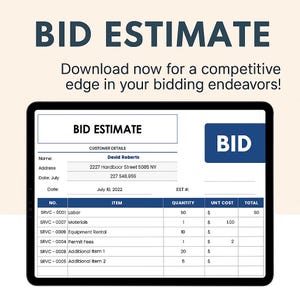 Bid Estimate Template • Excel & Google Sheets • Contractor Bid Sheet, Labor and Materials Estimate Form