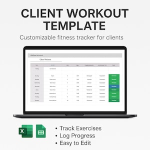 Könnte beinhalten: Ein Laptop zeigt eine Fitness-Tracker-Vorlage mit dem Text "CLIENT WORKOUT TEMPLATE". Der Bildschirm zeigt ein Trainingsprotokoll mit Übungsdetails. Unter dem Laptop befinden sich zwei Symbole und der Text: "Track Exercises, Log Progress, Easy to Edit."