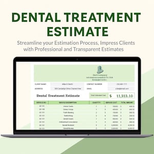 Op de afbeelding: Een laptop toont een begroting voor een tandheelkundige behandeling. Het scherm toont een gedetailleerde uitsplitsing van diensten, hoeveelheden en kosten, met een geschatte totale kosten van €10.400. Het document bevat klantinformatie en een bedrijfslogo.
