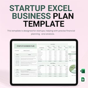 May include: A digital tablet displaying a business plan template. The screen shows a spreadsheet with financial data and a pie chart. The text at the top reads "STARTUP EXCEL BUSINESS PLAN TEMPLATE". The background is a soft pink.