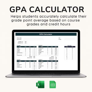 Könnte beinhalten: Ein Laptop mit einer GPA-Rechner-Tabelle. Der Bildschirm zeigt eine Tabelle mit Spalten für Kursnamen, Noten und Kreditstunden. Der Text "GPA CALCULATOR" steht oben, mit zusätzlichem Text darunter. Zwei App-Symbole befinden sich unten.