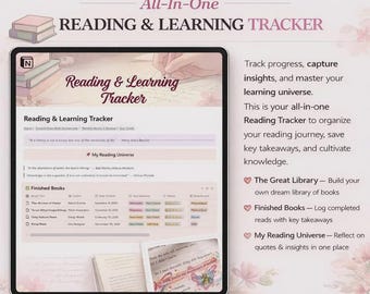 Notion Reading Tracker Template, Learning Dashboard, Book Journal, Knowledge Management System, Study Planner, Reading Log