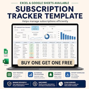 May include: A digital subscription tracker template displayed on a laptop screen, featuring charts, tables, and financial summaries for managing recurring costs. The interface includes columns for subscription names, billing cycles, and renewal dates.