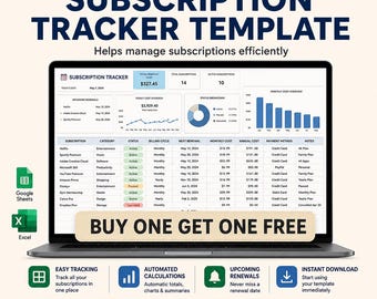 May include: A digital subscription tracker template displayed on a laptop screen, featuring charts, tables, and financial summaries for managing recurring costs. The interface includes columns for subscription names, billing cycles, and renewal dates.
