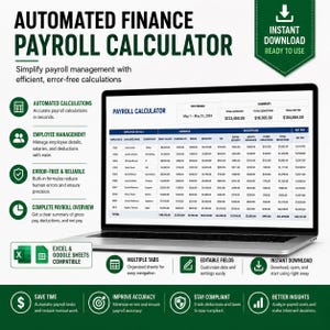 Può includere: Un calcolatore automatico per buste paga finanziarie sotto forma di foglio di calcolo visualizzato sullo schermo di un computer portatile. L'interfaccia include colonne per i dettagli dei dipendenti, i guadagni, le detrazioni e il netto.