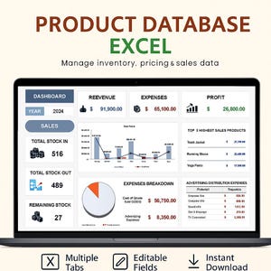 Modèle Excel de base de données de produits ultime | Feuilles de calcul Google | Suivi des stocks, des références et des listes de prix | Outil de gestion d'entreprise