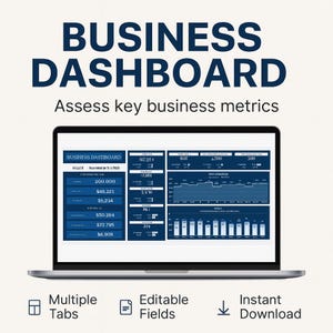 Peut inclure: Un ordinateur portable affiche un tableau de bord d'entreprise avec des indicateurs clés en bleu et blanc. L'écran montre des graphiques et des données numériques. Le texte indique "Business Dashboard" et "Assess key business metrics."