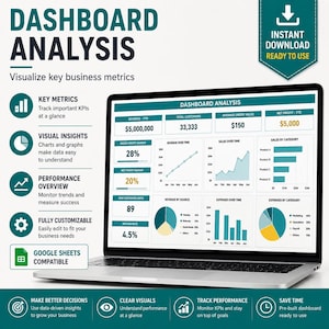 Modello di analisi dashboard Excel Fogli Google / Dashboard KPI / Dashboard di analisi dati / Report sulle prestazioni aziendali