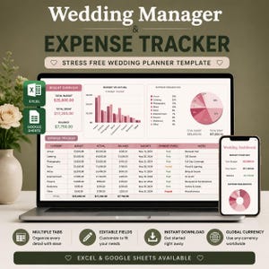 May include: A digital wedding manager and expense tracker template displayed on a laptop and smartphone screen. The interface features a budget overview, bar charts, a pie chart, and a detailed expense tracker table with categories, dates, and status.