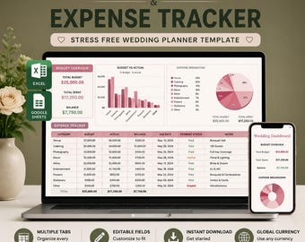 May include: A digital wedding manager and expense tracker template displayed on a laptop and smartphone screen. The interface features a budget overview, bar charts, a pie chart, and a detailed expense tracker table with categories, dates, and status.
