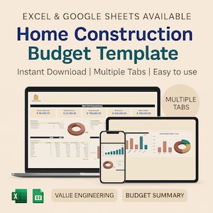 Może przedstawiać: Cyfrowa makieta szablonu budżetu budowy domu, wyświetlana na laptopie, tablecie i smartfonie. Szablon jest przeznaczony dla programów Excel i Arkusze Google, z wieloma zakładkami. Tekst brzmi "Home Construction Budget Template".