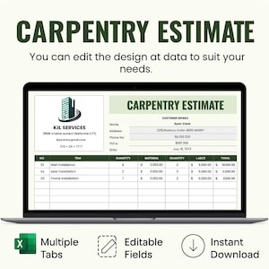 Op de afbeelding: Een laptopscherm toont een timmermansofferteformulier met de titel "CARPENTRY ESTIMATE". Het formulier bevat klantinformatie en gespecificeerde kosten. De afbeelding toont ook pictogrammen voor meerdere tabbladen, bewerkbare velden en direct downloaden.