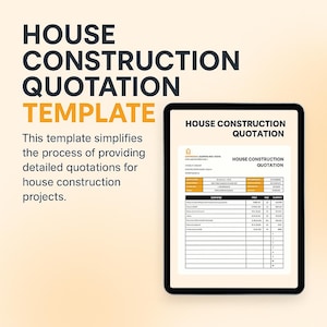 Könnte beinhalten: Ein digitales Tablet zeigt eine Vorlage für ein Hausbauangebot. Der Bildschirm zeigt ein detailliertes Formular mit Abschnitten für Projektdetails und Kosten. Der Text auf dem Bildschirm lautet "HOUSE CONSTRUCTION QUOTATION TEMPLATE". Die Vorlage vereinfacht Angebote.