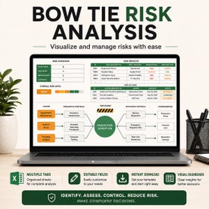 Pode incluir: Uma tela de laptop exibindo um modelo de análise de risco Bow Tie com registro de riscos, plano de ação e um diagrama central de interrupção de produção. A interface inclui tabelas para visão geral de riscos, categorias e controles.