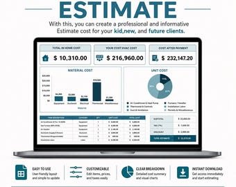 Plantilla de presupuesto de HVAC en Excel y Google Sheets • Hoja de cotización de llamadas de servicio • Calculadora de costos de reparación de aire acondicionado • Formulario de cotización de contratista en hoja de cálculo