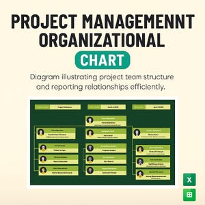 May include: A project management organizational chart with the title "PROJECT MANAGEMENNT ORGANIZATIONAL CHART" in bold, black letters. The chart illustrates project team structure and reporting relationships. The chart is green and white.