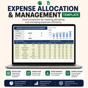 May include: A laptop screen displaying an Expense Allocation and Management template with a summary table, a monthly bar chart, and a detailed expense spreadsheet. The interface includes columns for date, description, category, and department allocation.