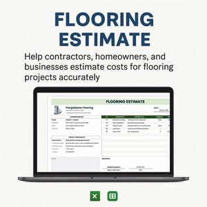 May include: A laptop displays a "FLOORING ESTIMATE" form. The screen shows a detailed estimate with various fields and data. The text above reads: "Help contractors, homeowners, and businesses estimate costs for flooring projects accurately."