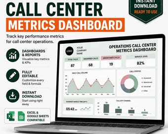 Panel de control de KPI para centros de llamadas en Excel y Google Sheets, seguimiento del rendimiento de los agentes, informe de volumen de llamadas, métricas de AHT y nivel de servicio.